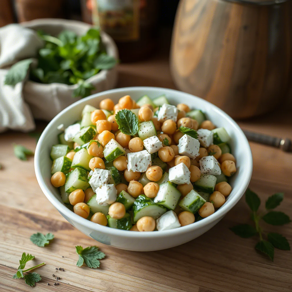 Schneller Gurkensalat mit Feta & Kichererbsen: Salat Gesundes Rezept 