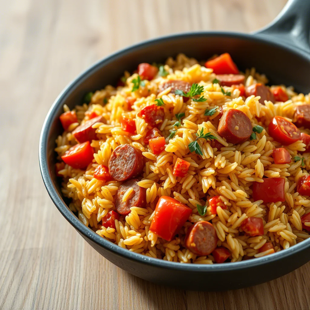 Wurst-Reis-Pfanne: Deftiges Wohlfühlgericht für die ganze Familie
