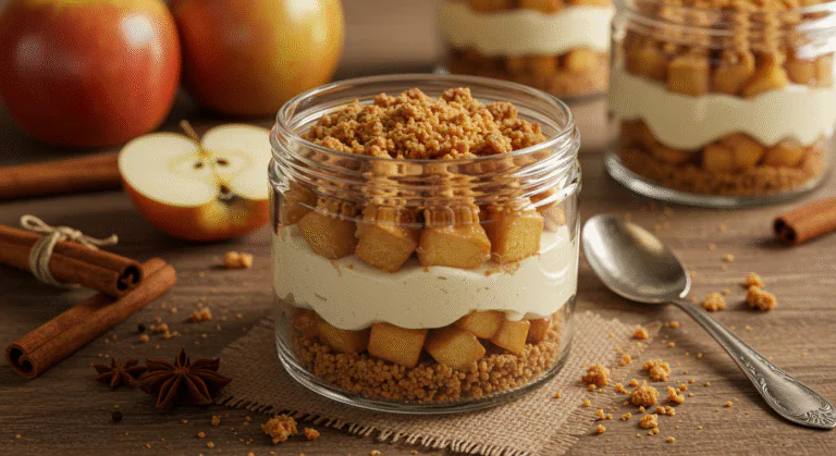 Apfel-Crumble im Glas: Schnelles Dessert mit Frischkäse und Zimtnote