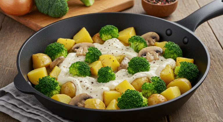 Einfache Druckbare Seite Brokkoli-Kartoffel-Pfanne mit Pilzen