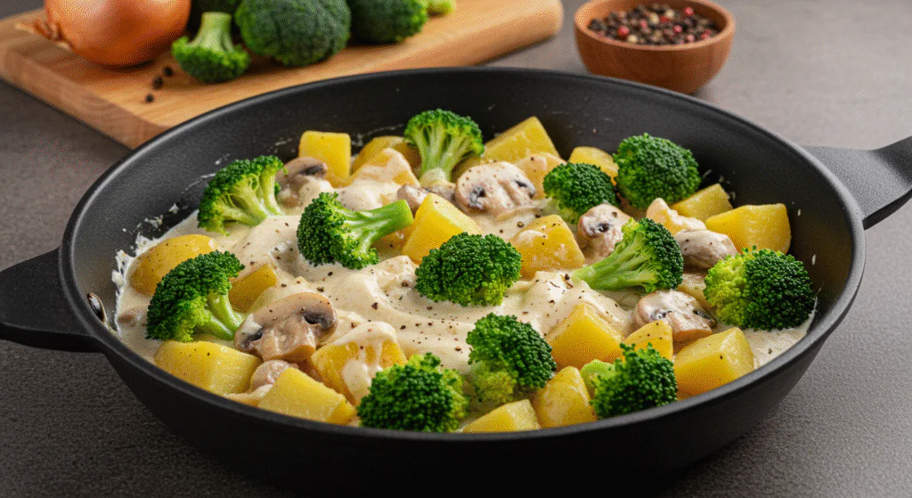 Einfache Druckbare Seite: Brokkoli-Kartoffel-Pfanne mit Pilzen