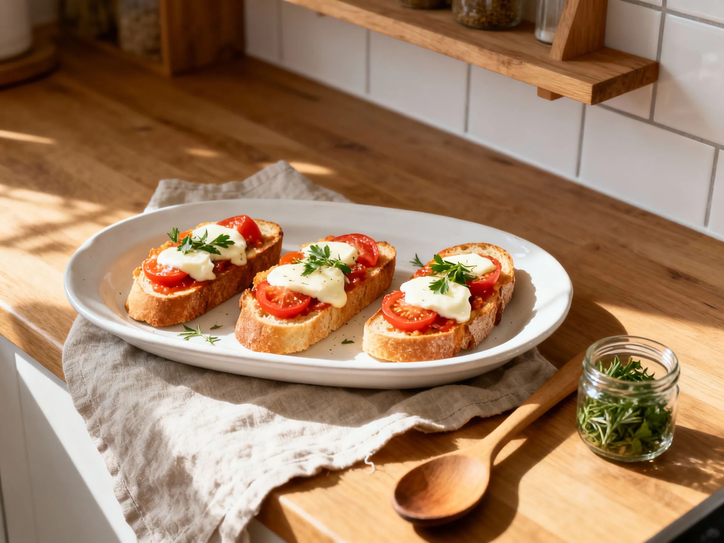 Knusprige Baguettes mit Tomaten, Mozzarella & frischen Kräutern überbacken