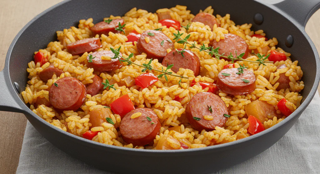 Wurst-Reis-Pfanne: Deftiges Wohlfühlgericht für die ganze Familie