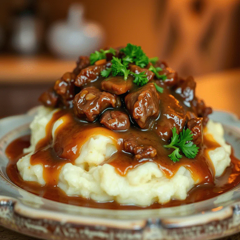 Hackfleisch mit Bratensauce & Kartoffelpüree