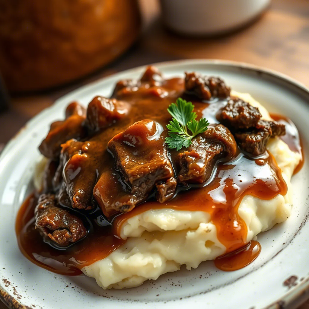 Hackfleisch mit Bratensauce & Kartoffelpüree