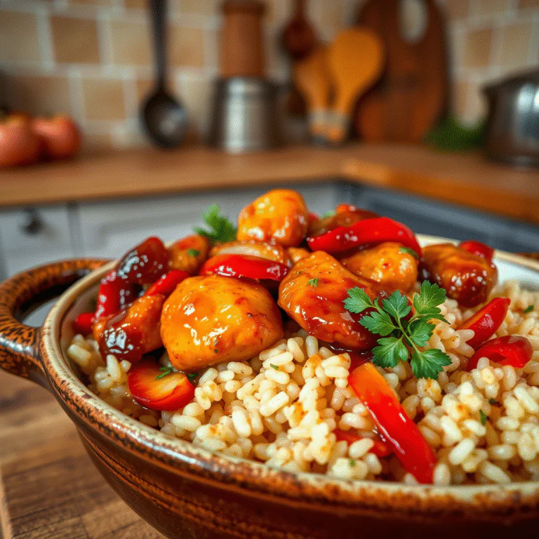 Honey BBQ Hähnchen mit Reis aus einer Pfanne Süß-rauchiger Genuss für die ganze Familie