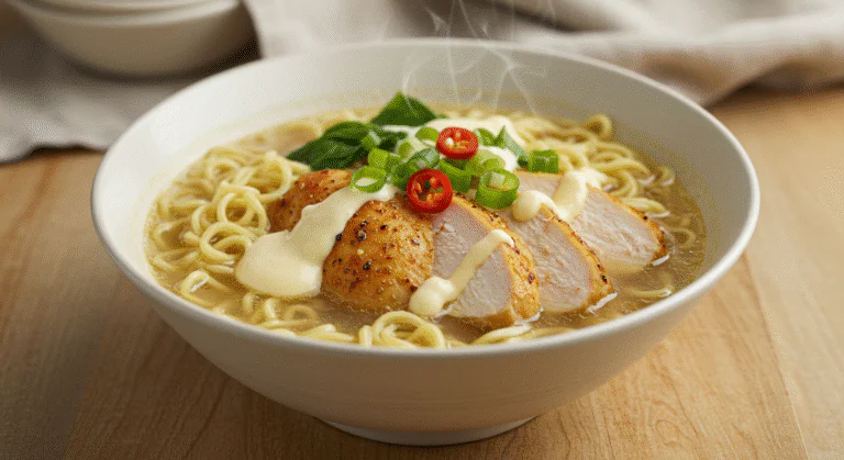 Würziges Hähnchen-Ramen mit cremiger Knoblauchsoße Dein schnelles Seelenfutter