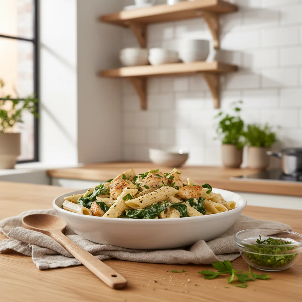 Frischkäse-Spinat-Hähnchen-Pasta: Cremiger Genuss in 30 Minuten