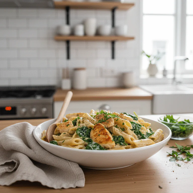 Frischkäse-Spinat-Hähnchen-Pasta: Cremiger Genuss in 30 Minuten