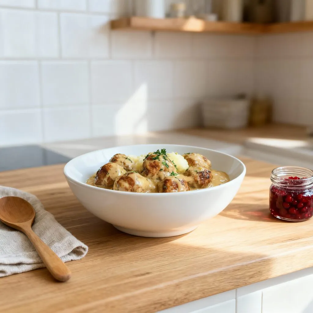 Hackbällchen in cremiger Sauce mit Kartoffelpüree – Einfaches Familienrezept