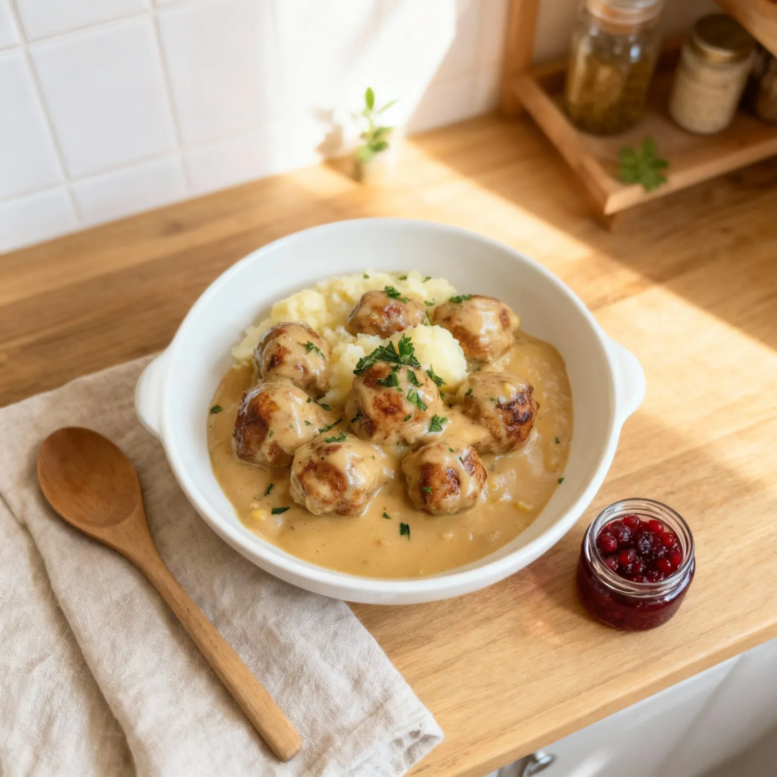 Hackbällchen in cremiger Sauce mit Kartoffelpüree – Einfaches Familienrezept