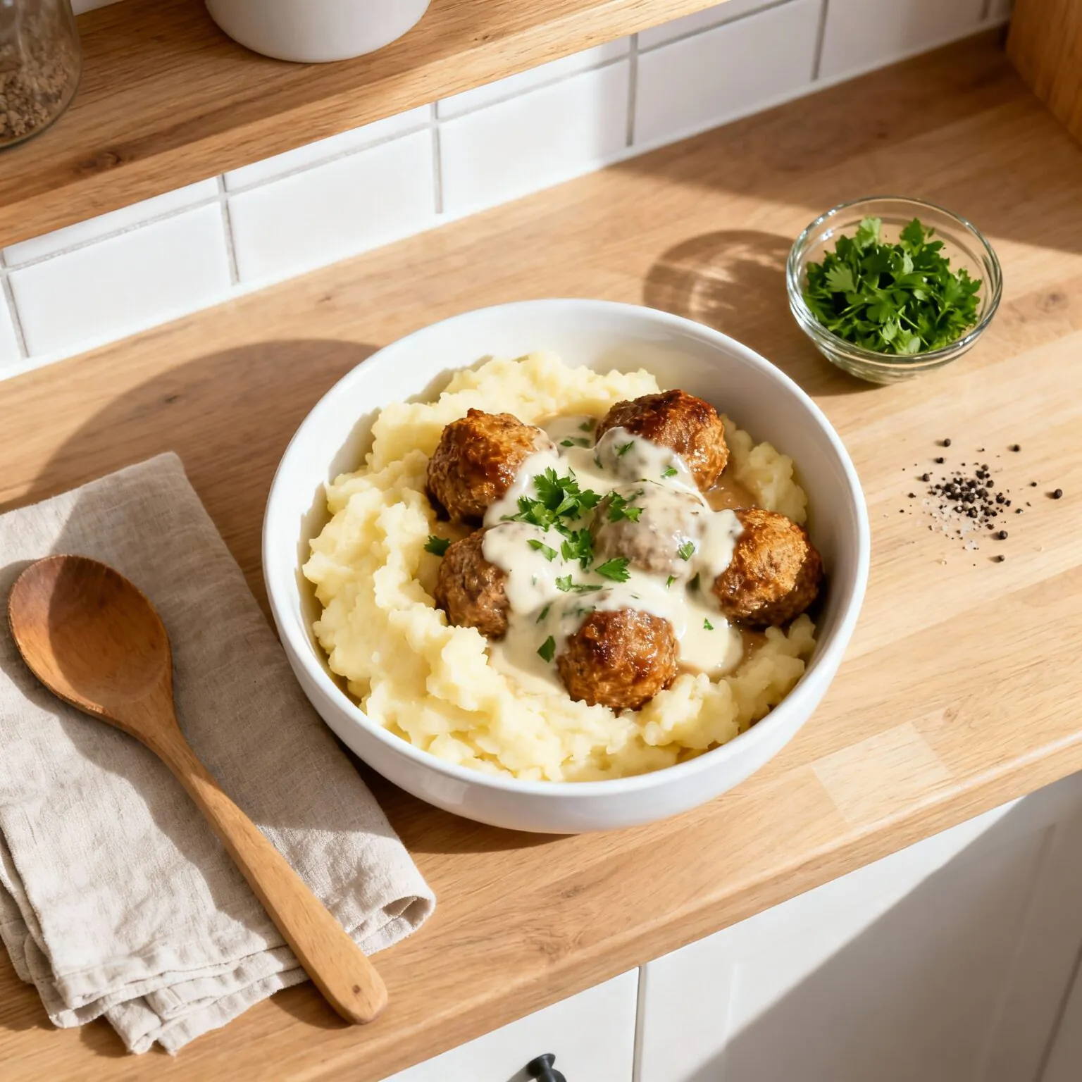 Hackbällchen in cremiger Sauce mit Kartoffelpüree – schnelles Familienrezept wie bei Oma (einfach, sahnig,