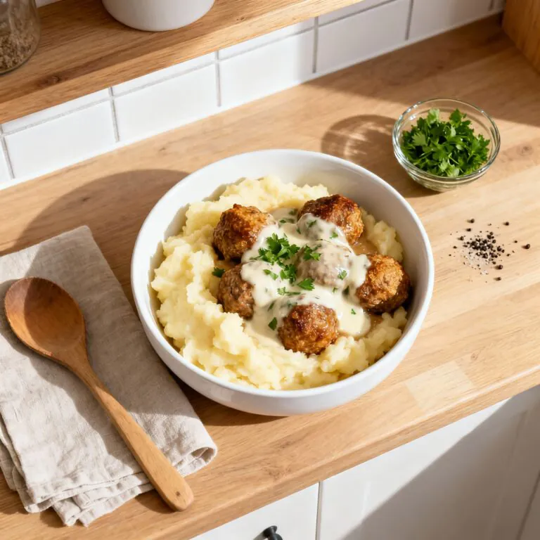 Hackbällchen in cremiger Sauce mit Kartoffelpüree – schnelles Familienrezept wie bei Oma (einfach, sahnig,