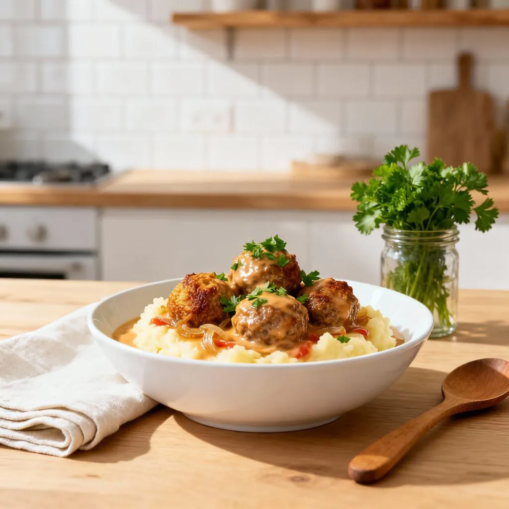 Hackbällchen in cremiger Sauce mit Kartoffelpüree – schnelles Familienrezept wie bei Oma (einfach, sahnig,