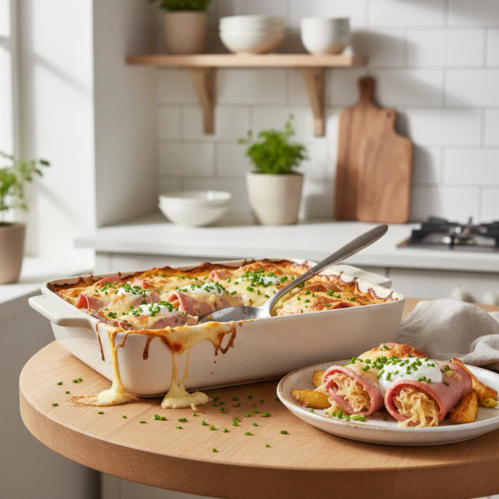 Leberkäse-Auflauf mit Sauerkraut und Schupfnudeln – Herzhaftes Rezept aus dem Ofen