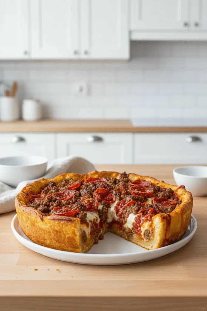 Deep Dish Fleisch Pie – Herzhaft mit Hackfleisch, Wurst und Pepperoni