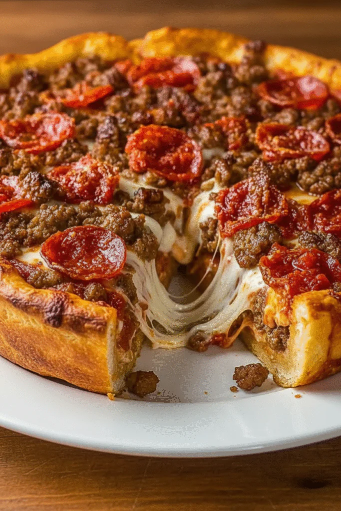 Deep Dish Fleisch Pie – Herzhaft mit Hackfleisch, Wurst und Pepperoni