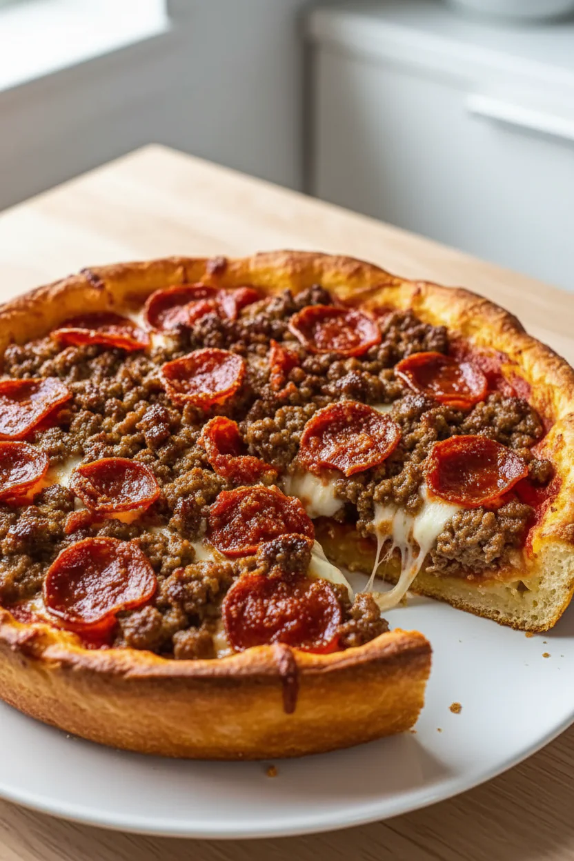 Deep Dish Fleisch Pie – Herzhaft mit Hackfleisch, Wurst und Pepperoni