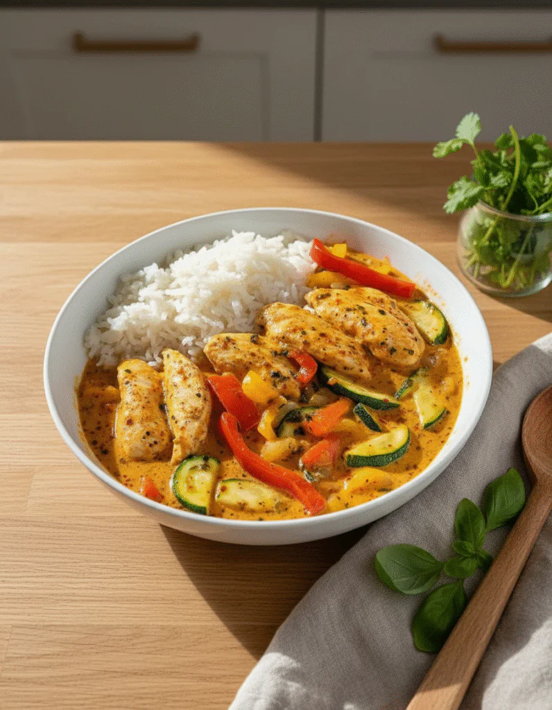 Cremiges Paprika-Zucchini-Hähnchen Rezept – Schnelles Pfannengericht in 30 Min rezept