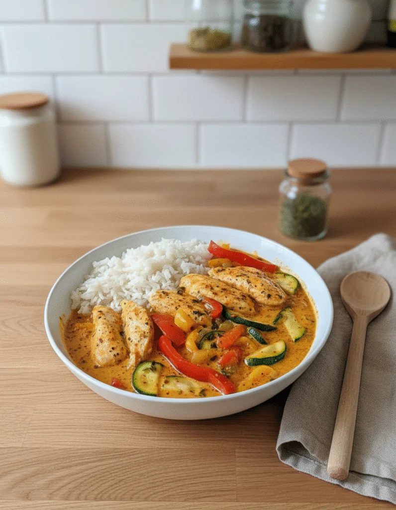 Cremiges Paprika-Zucchini-Hähnchen Rezept – Schnelles Pfannengericht in 30 Min rezept