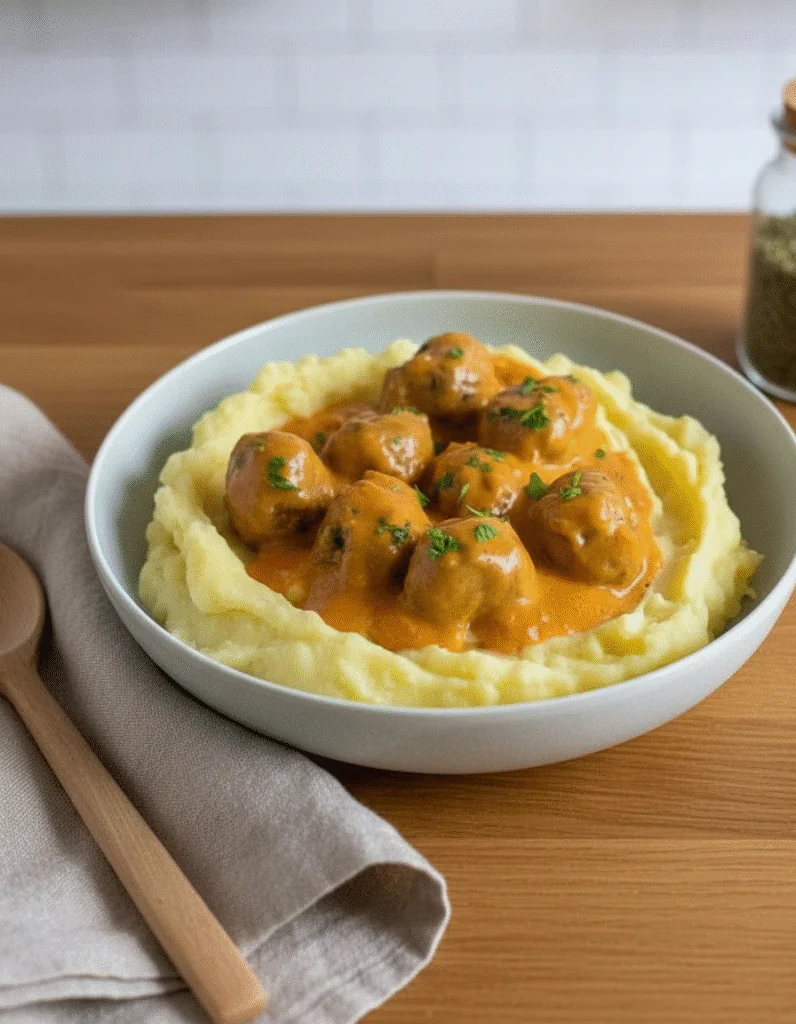 Hackbällchen in cremiger Sauce mit Kartoffelpüree Rezept – Einfaches Familienessen rezepte