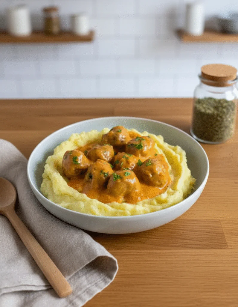 Hackbällchen in cremiger Sauce mit Kartoffelpüree Rezept – Einfaches Familienessen rezepte