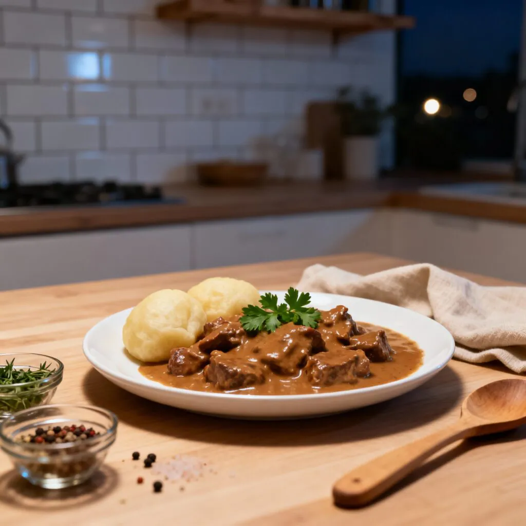 Rahmgulasch mit Serviettenknödel Rezept