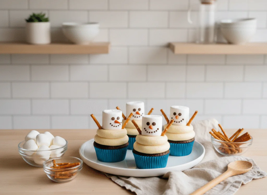 Schneemann Cupcakes mit Marshmallows – Einfache Weihnachtsdeko-Idee
