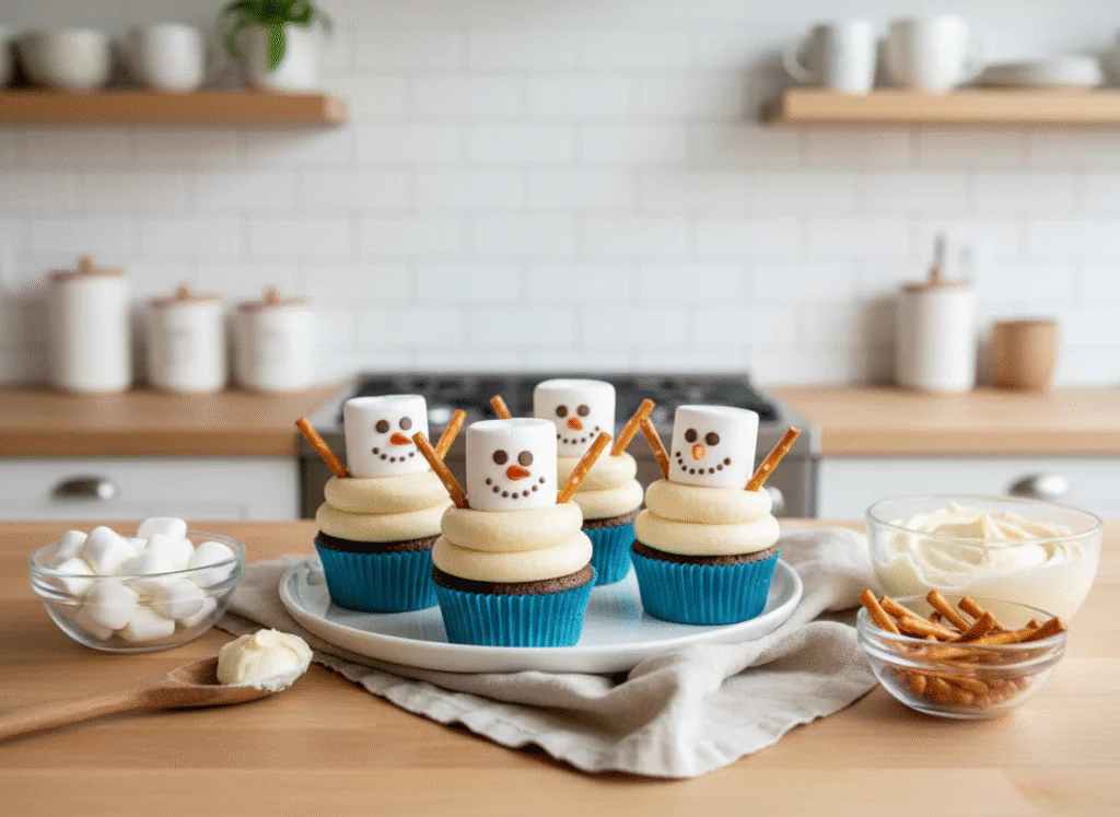 Schneemann Cupcakes mit Marshmallows – Einfache Weihnachtsdeko-Idee