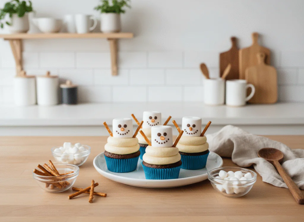 Schneemann Cupcakes mit Marshmallows – Einfache Weihnachtsdeko-Idee