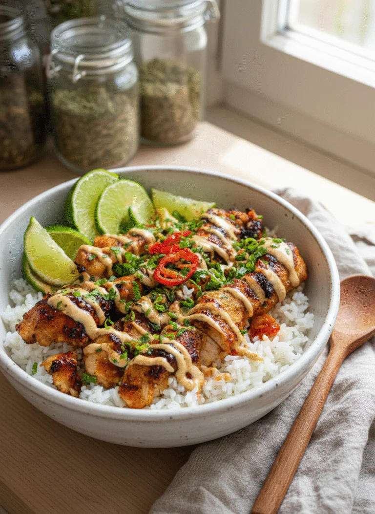 Sweet Chili Chicken Bowl mit Kokos-Limetten-Sauce – Schnell, Saftig, Sensationell rezept