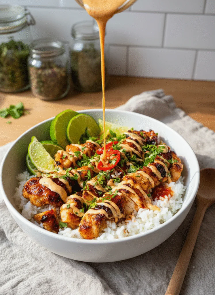Sweet Chili Chicken Bowl mit Kokos-Limetten-Sauce – Schnell, Saftig, Sensationell rezept