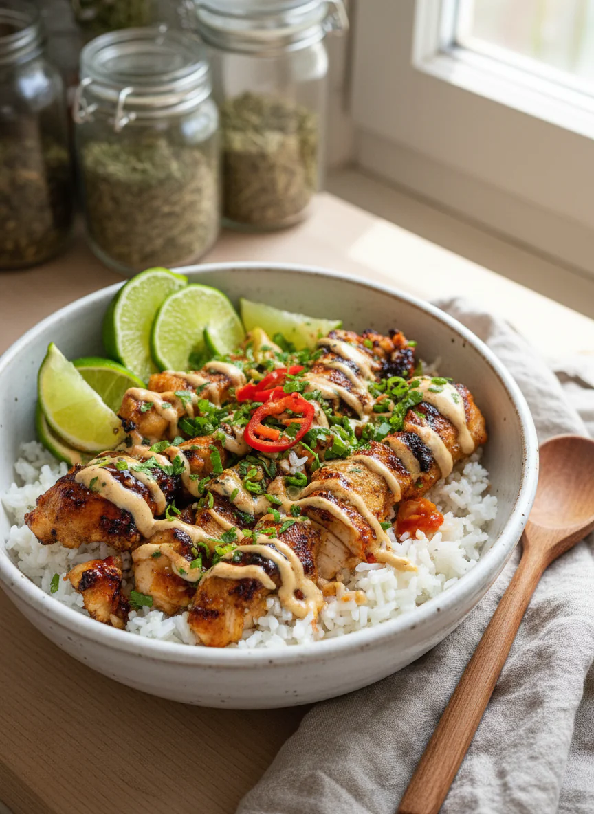 Sweet Chili Chicken Bowl mit Kokos-Limetten-Sauce – Schnell, Saftig, Sensationell rezept