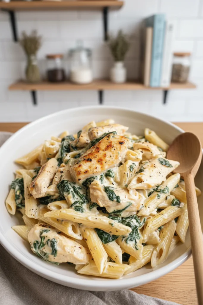 Frischkäse Spinat Hähnchen Pasta Rezept – Cremig Einfach 25 Min
