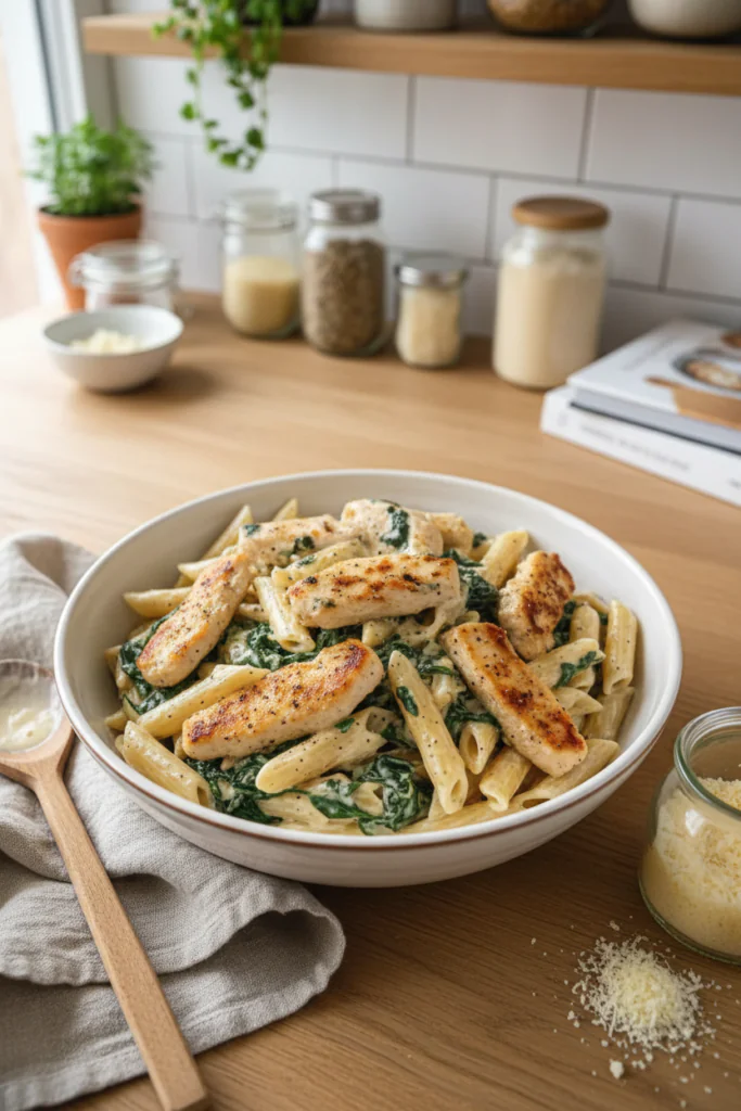 Frischkäse Spinat Hähnchen Pasta Rezept – Cremig Einfach 25 Min