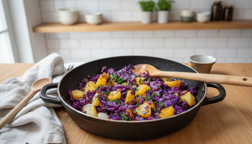 Rotkohl-Pfanne mit Kartoffeln Rezept Einfach – Vegetarisch Sättigend 40 Min