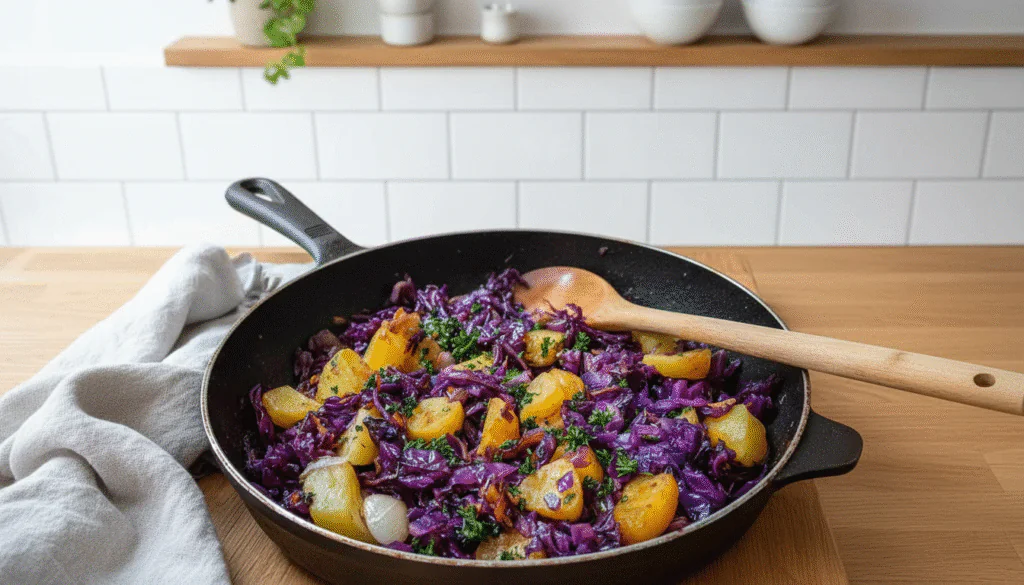 Rotkohl-Pfanne mit Kartoffeln Rezept Einfach – Vegetarisch Sättigend 40 Min