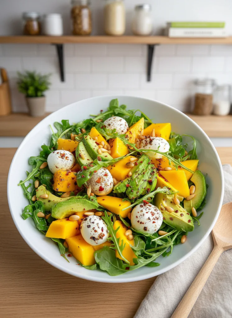 Rucola Mango Salat mit Pinienkernen einfach Rezept