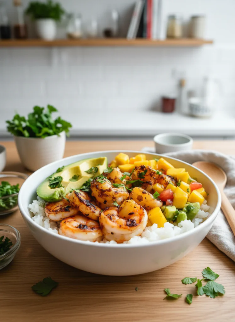 Schnelle Garnelen Bowl mit Mango Avocado Salsa Rezept – 25 Min