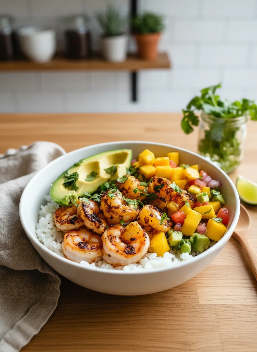 Schnelle Garnelen Bowl mit Mango Avocado Salsa Rezept – 25 Min