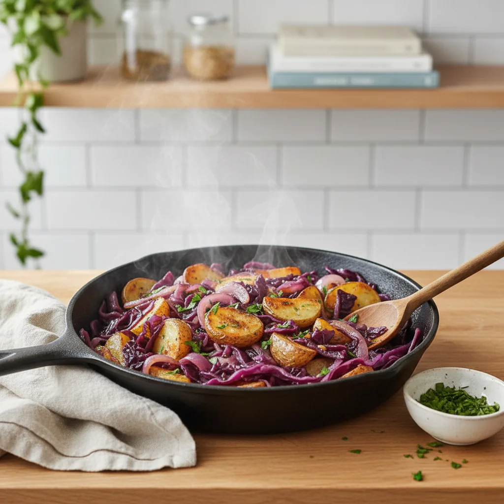 Vegetarische Rotkohl Pfanne mit Kartoffeln Rezept – Vegetarisches Wintergericht