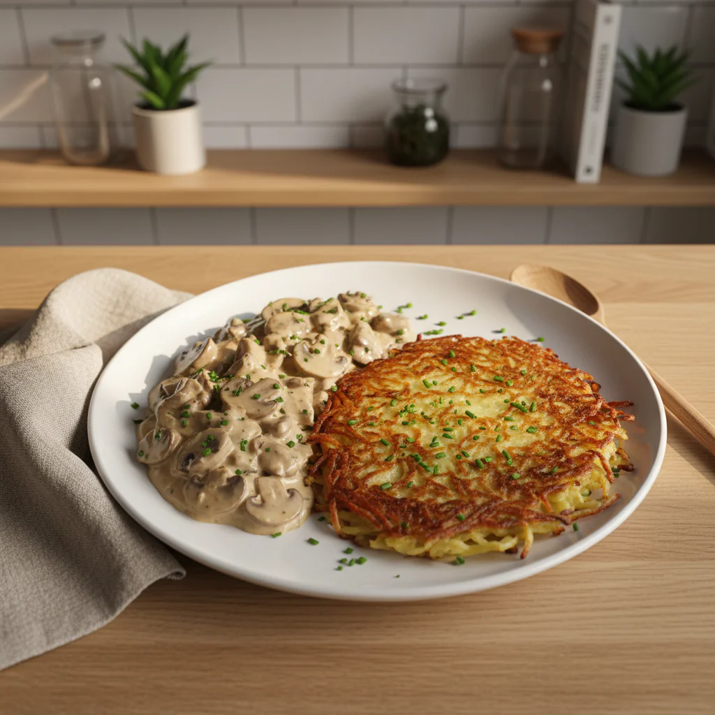 Mozzarella Rösti mit Zwiebel-Pilzrahmsoße Rezept – Einfach & Knusprig Köstlich 13 Mozzarella Rösti mit Zwiebel-Pilzrahmsoße schnell Rezept