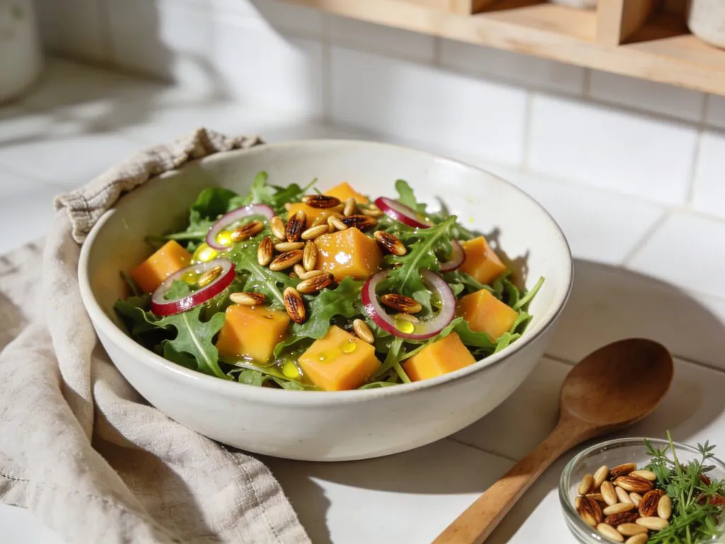 Rucola Mango Salat mit Pinienkernen