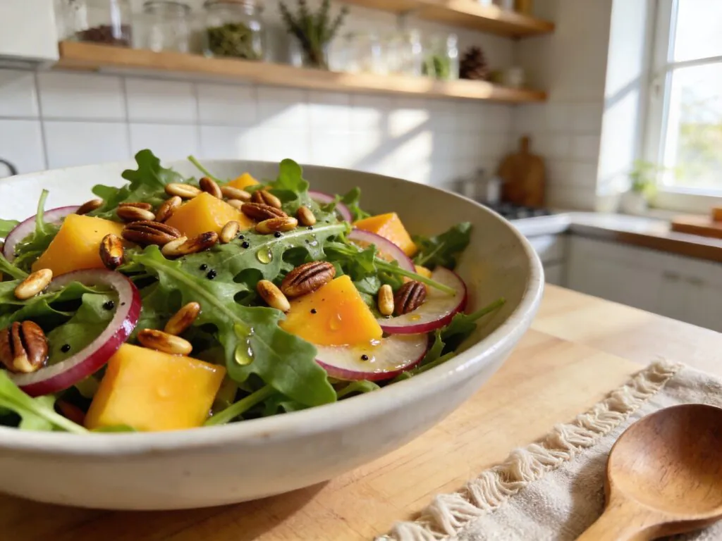 Rucola Mango Salat mit Pinienkernen einfach Rezept